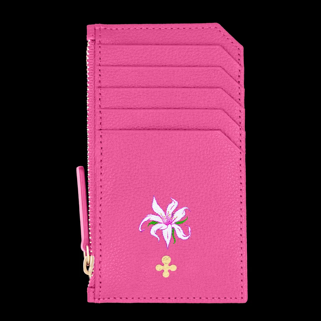 Card holder skórzany w kolorze fuksjowym z wytłoczoną koniczyną^Lilou Hot