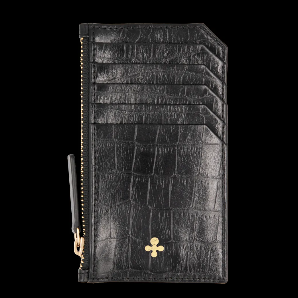 Card holder skórzany w kolorze czarnym z wytłoczoną koniczyną^Lilou Outlet