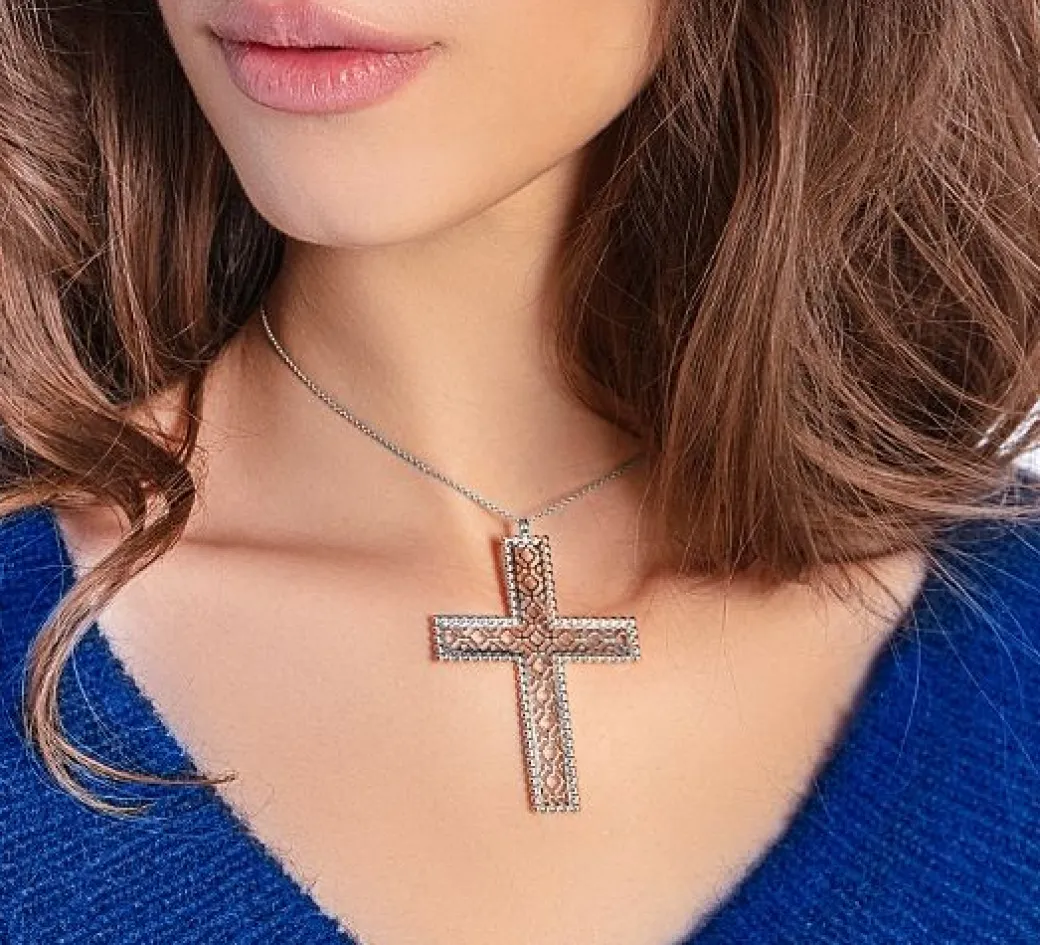 Naszyjnik z posrebrzanym Krzyżem Barok 6,5 cm na łańcuszku Kulki^Lilou Fashion